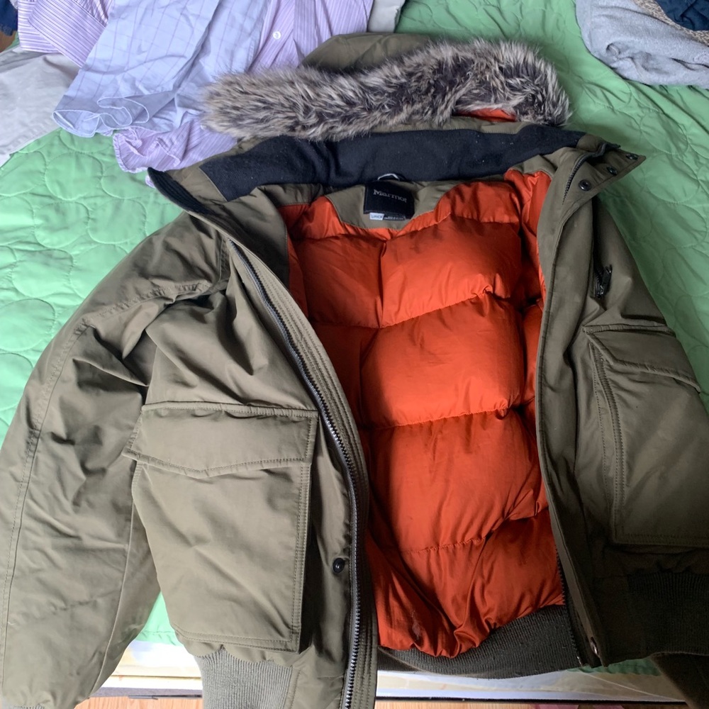 Marmot Stonehaven Olive hooded faux fur bomber S.